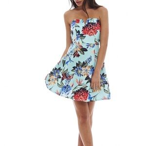 Aqua floral print sweetheart skater dress